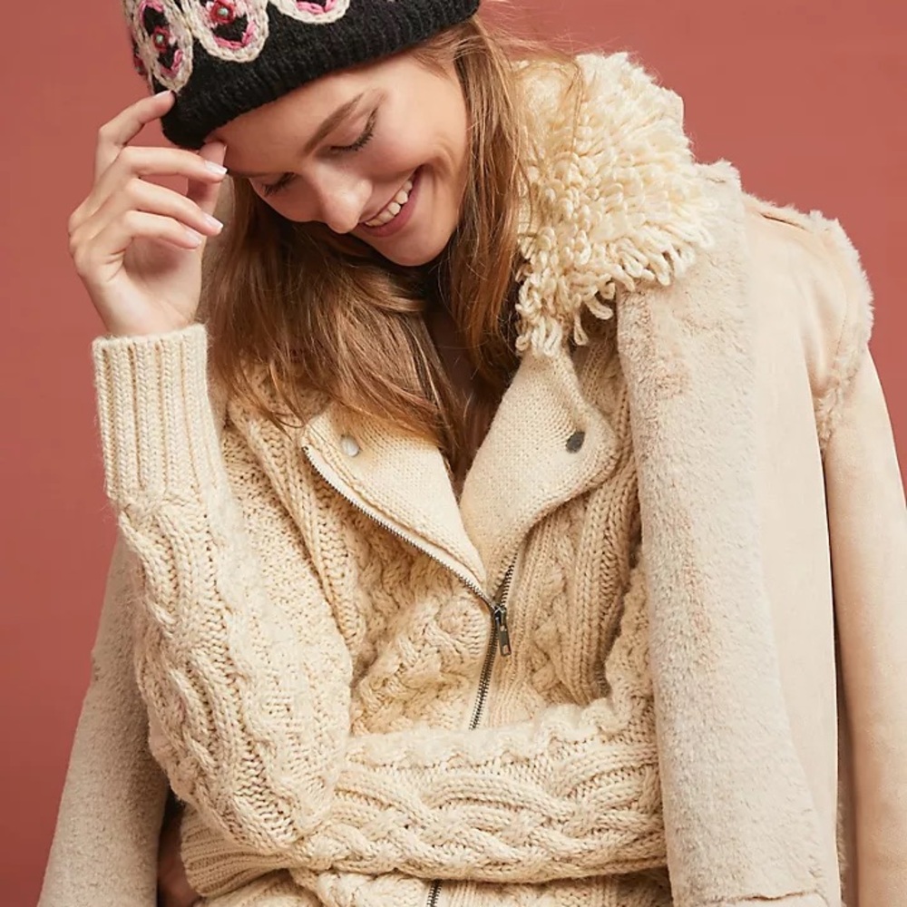 Anthropologie Cream Cable-Knit Wool Blend Zip Sweater